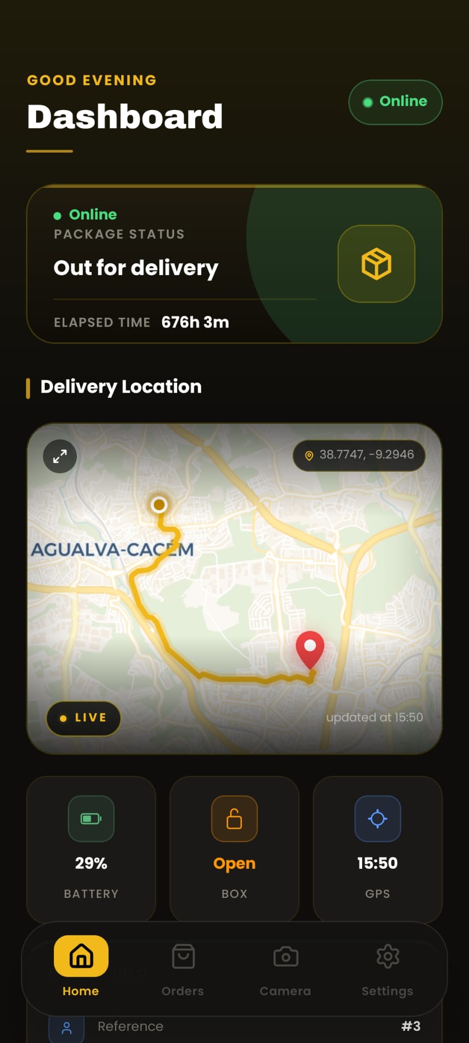 Painel principal da app FluxGo com estado da entrega e localização em tempo real